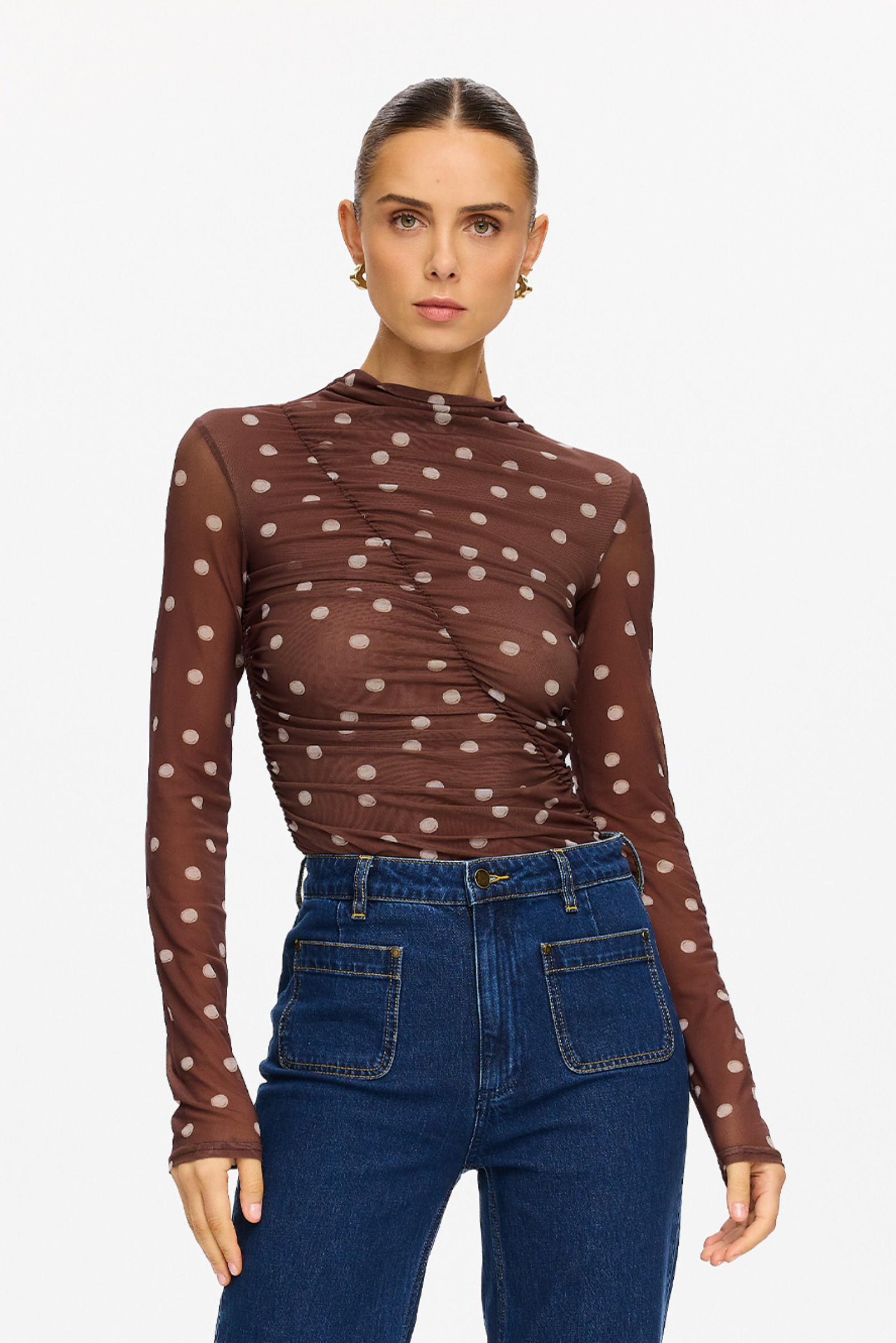 Edie Mesh Top - Brown Polka Dot