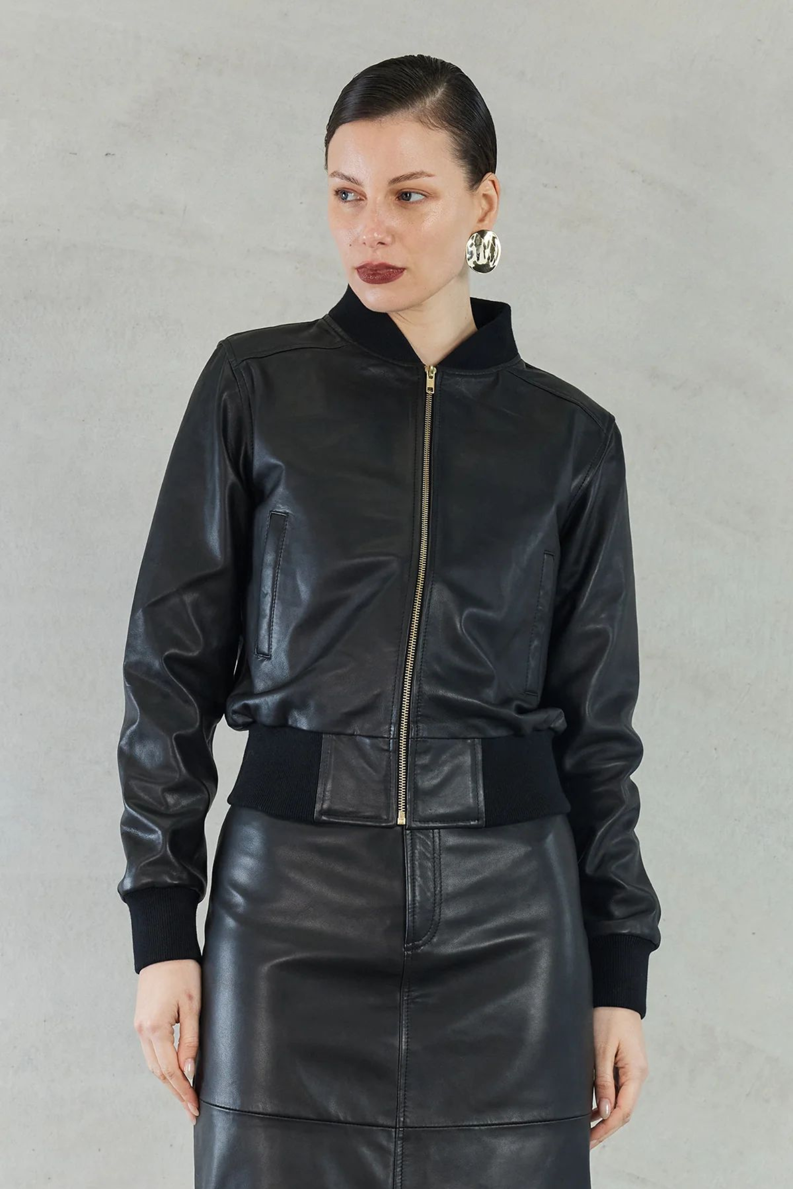 Evita Leather Bomber Jacket - Black
