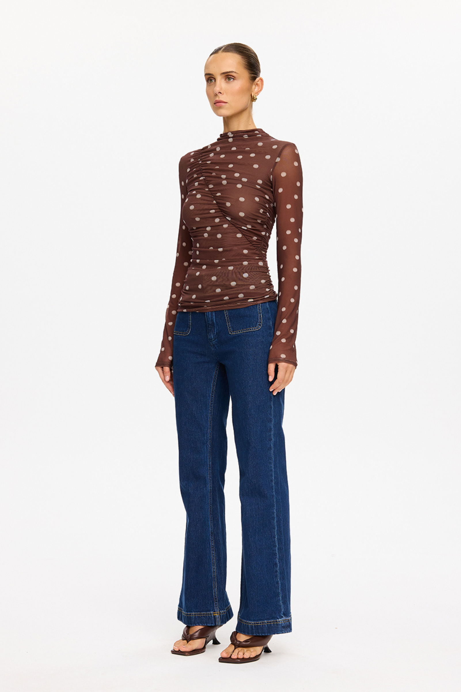 Edie Mesh Top - Brown Polka Dot
