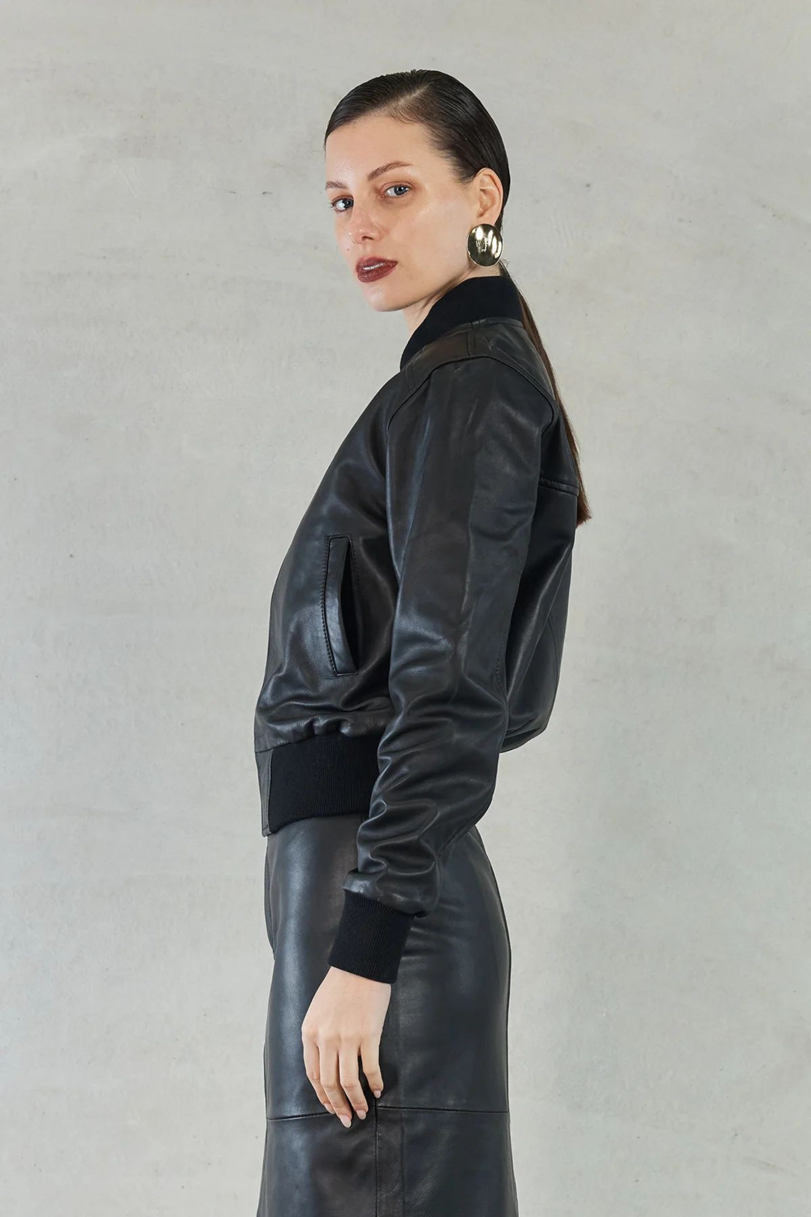 Evita Leather Bomber Jacket - Black