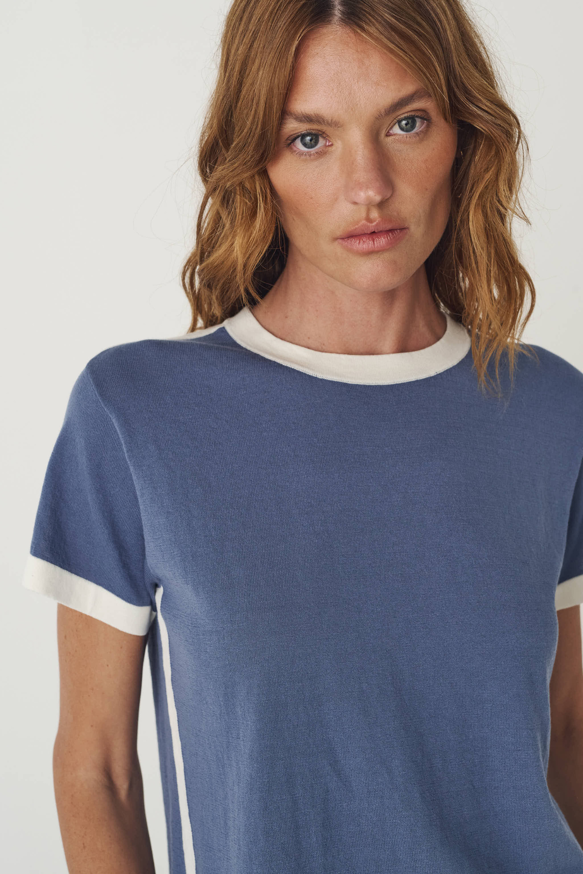 Rania Contrast Knit Tee - Chalk Blue