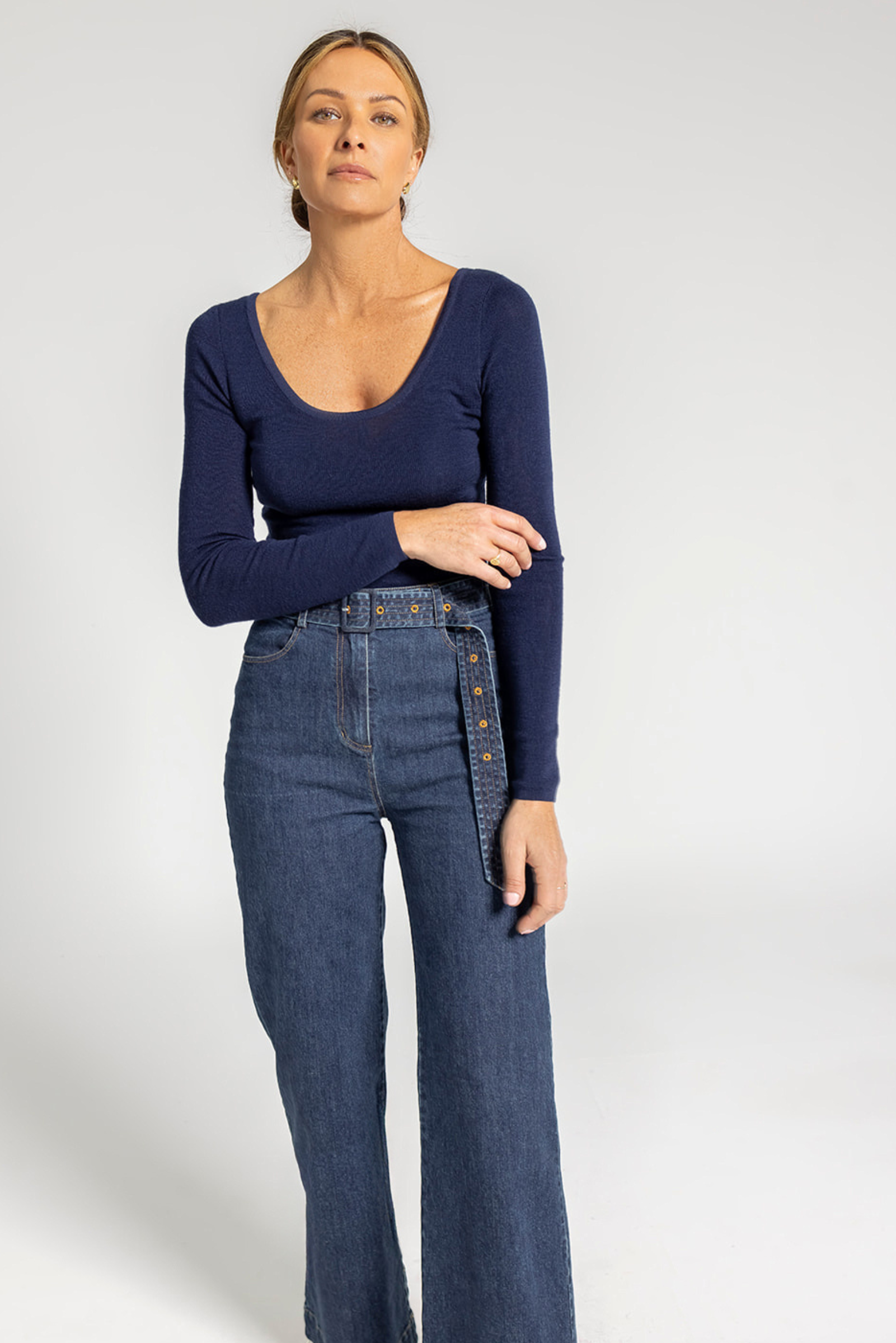 Juliet Wool Scooped Neck Top - Navy