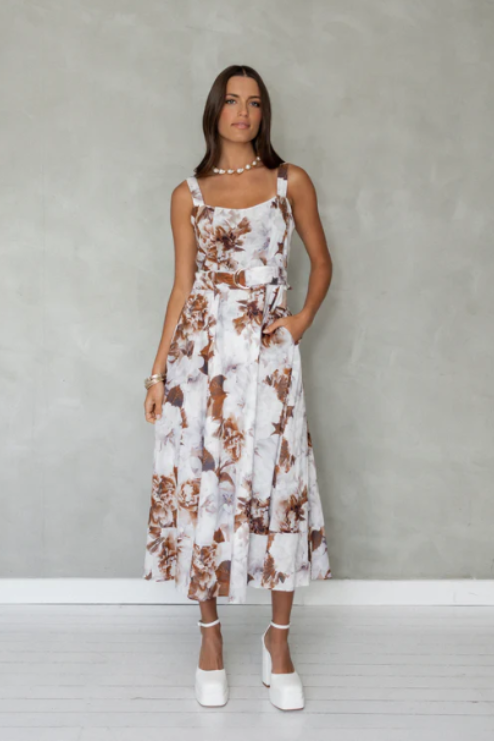 Wait For Me Midi Dress - Brown Floral