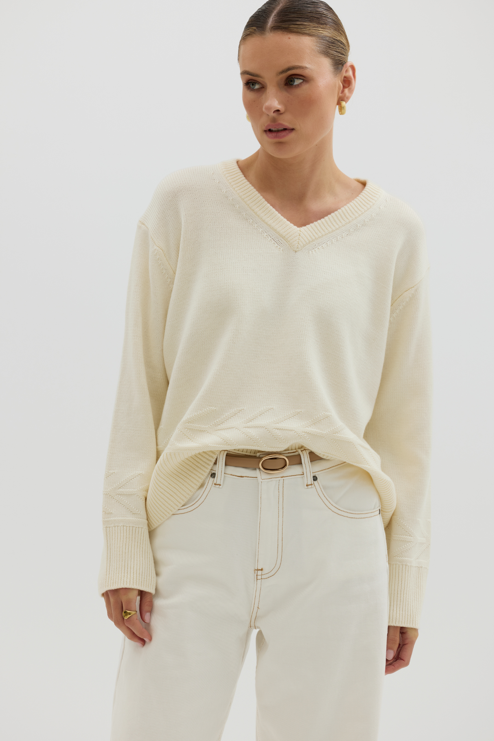 Chunky V Neck Sweater - Cream