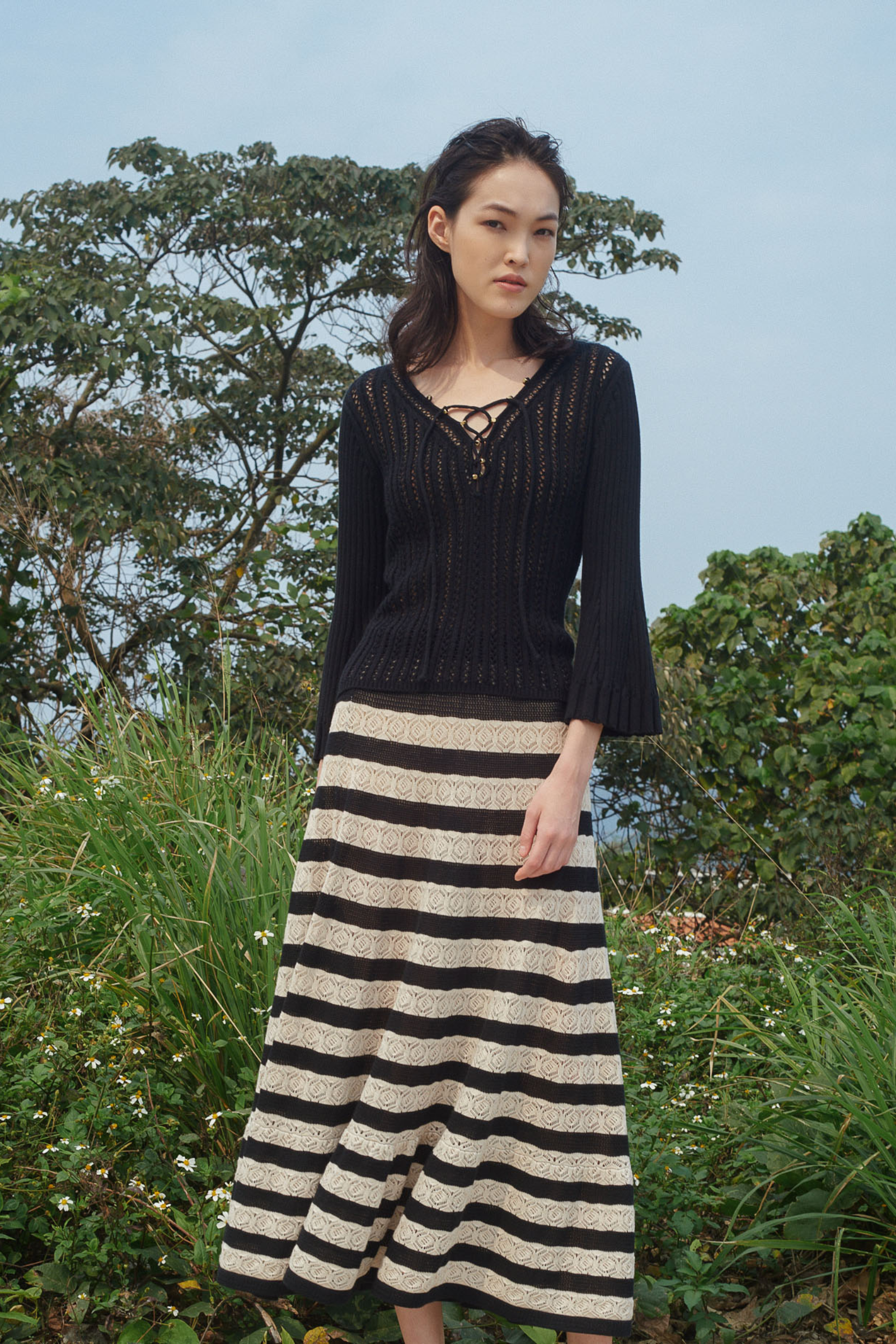 Lace Knit Striped Skirt - Cream & Black