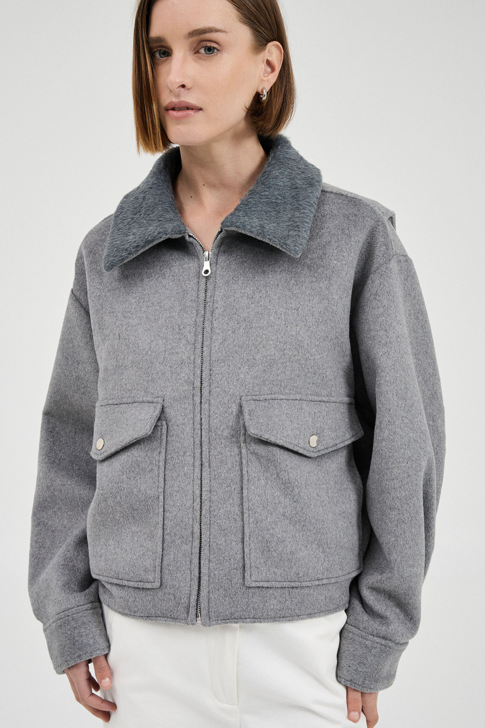 Wool Blend Bomber Jacket - Grey