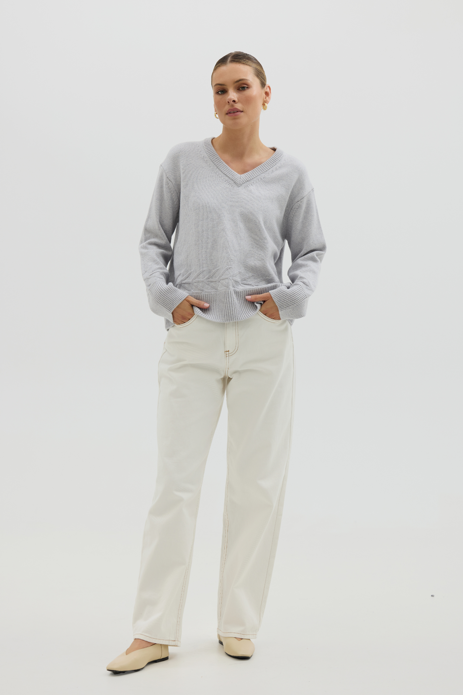 Chunky V Neck Sweater - Dove Grey