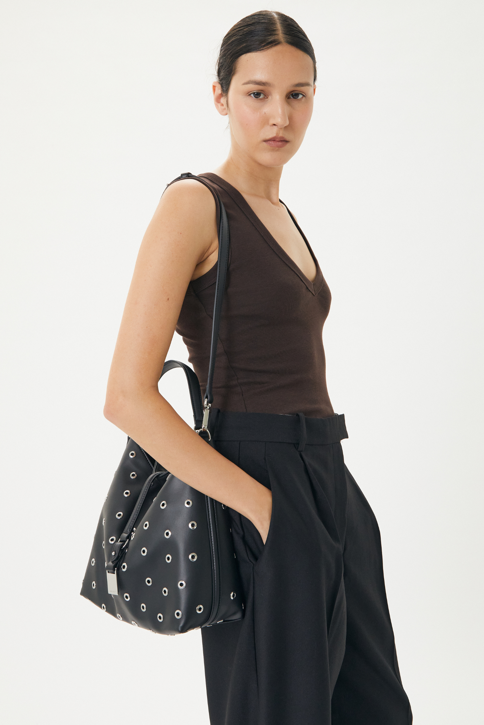 Josie Eyelet Bucket Bag - Black