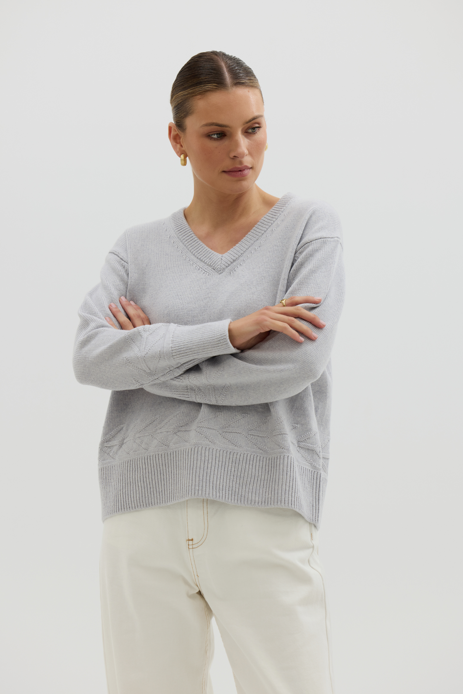 Chunky V Neck Sweater - Dove Grey