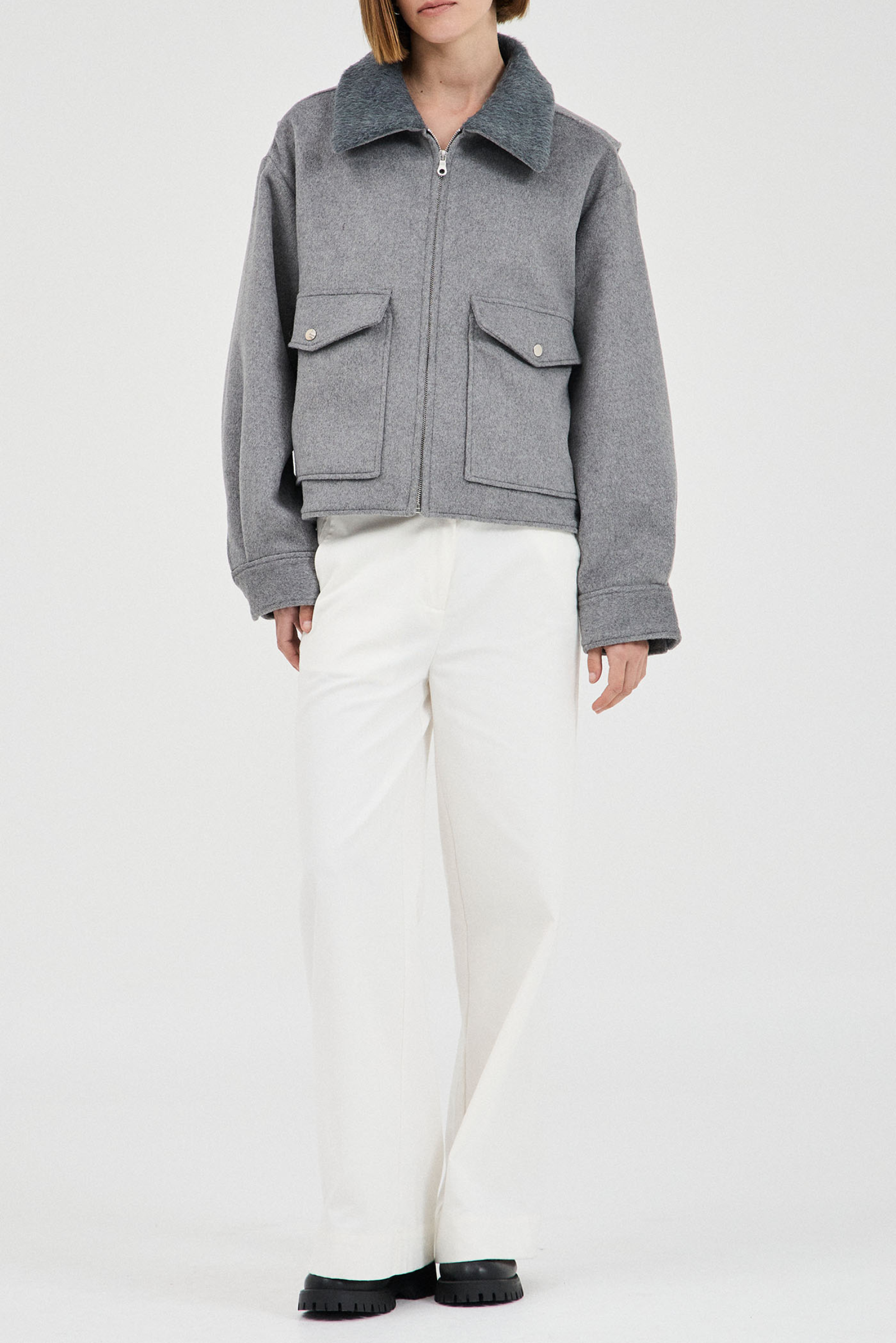 Wool Blend Bomber Jacket - Grey