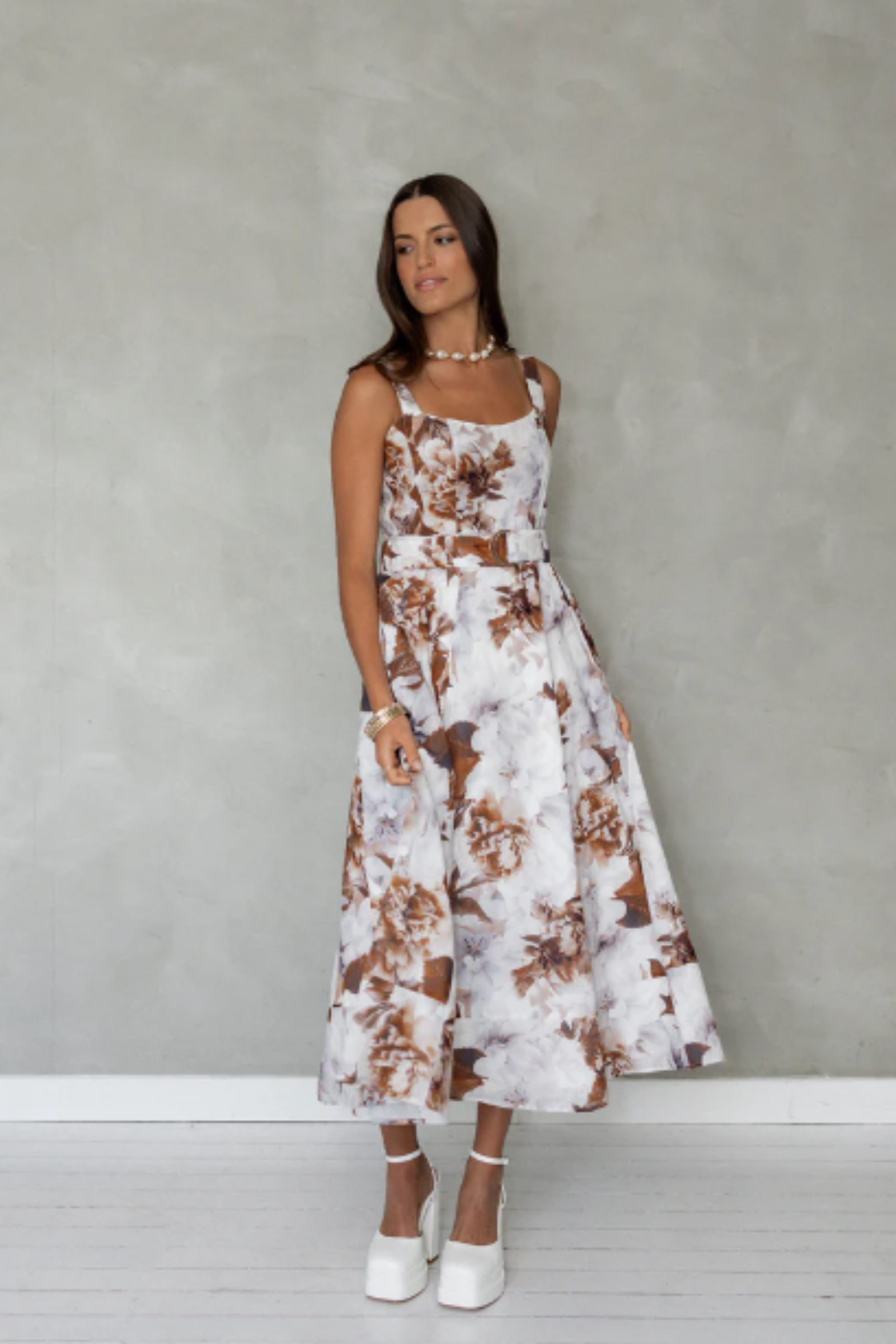 Wait For Me Midi Dress - Brown Floral