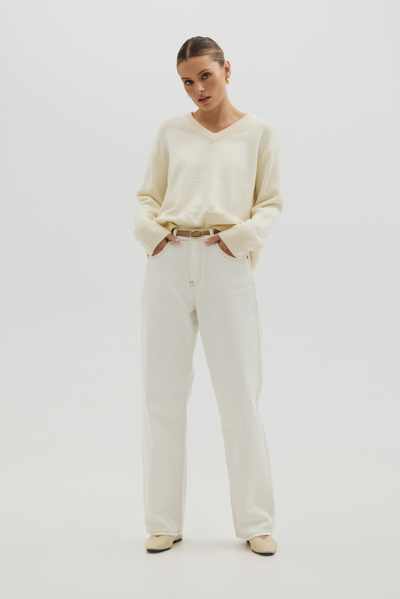 Chunky V Neck Sweater - Cream