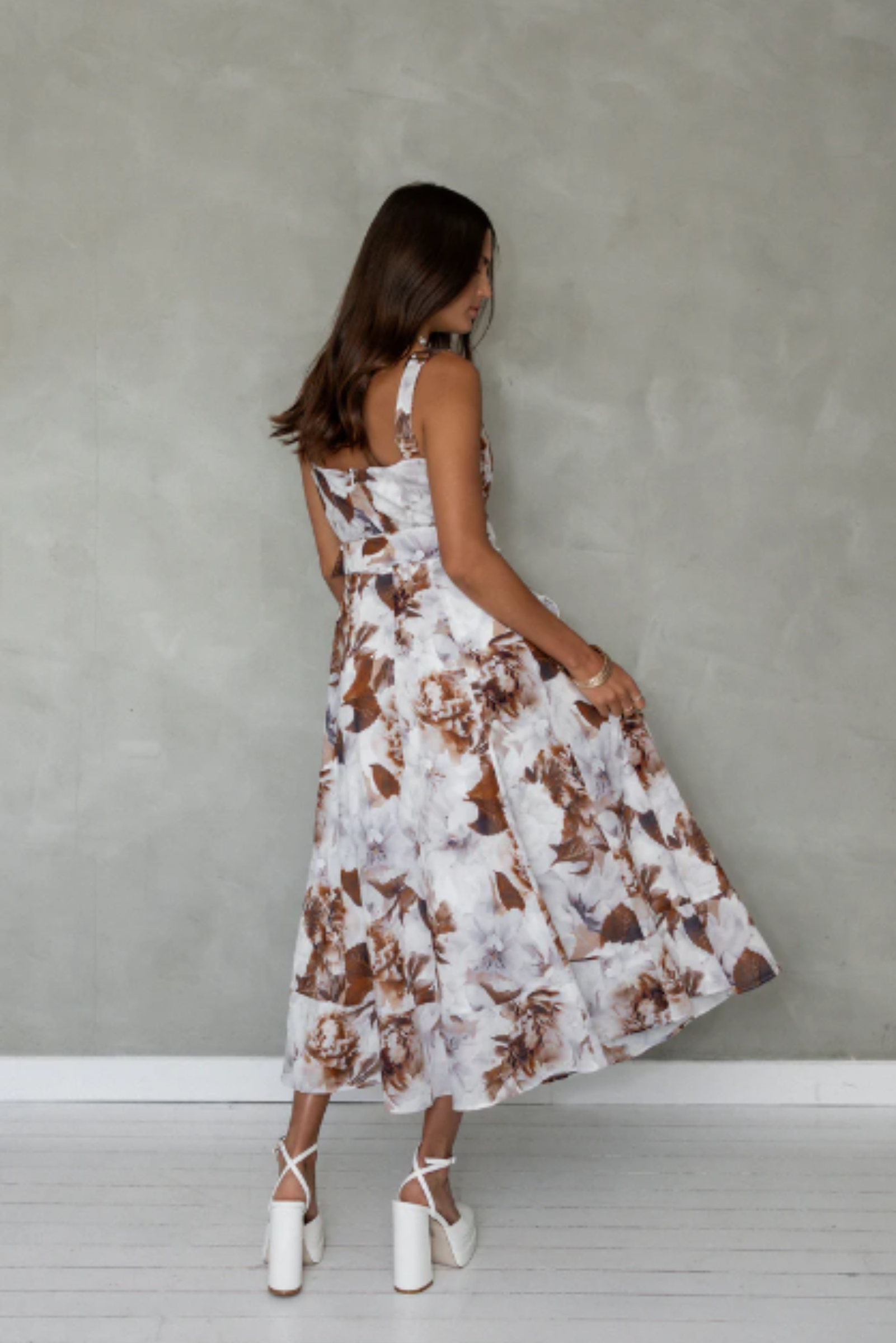 Wait For Me Midi Dress - Brown Floral