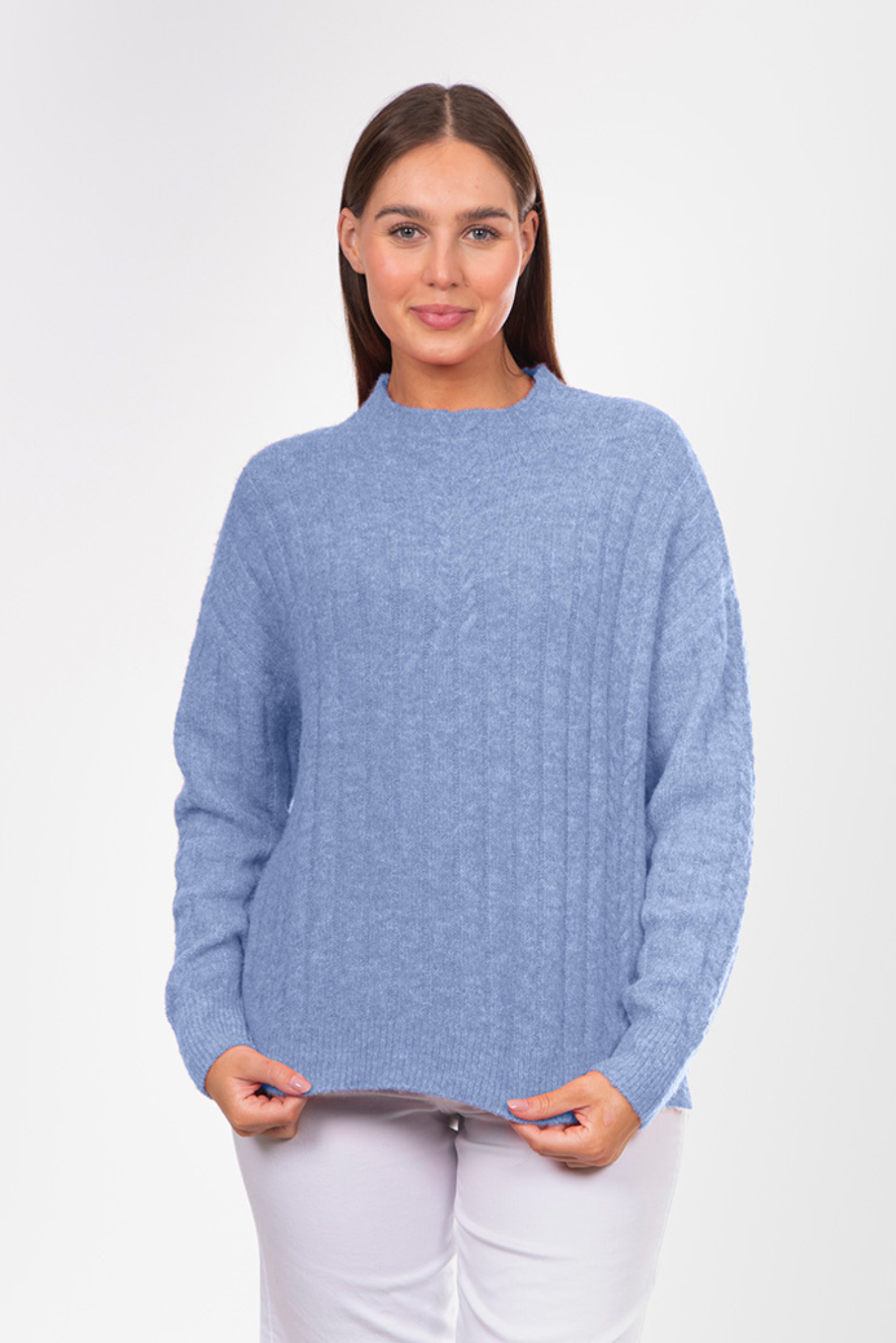 Fields Funnel Neck Cable Jumper - Sky